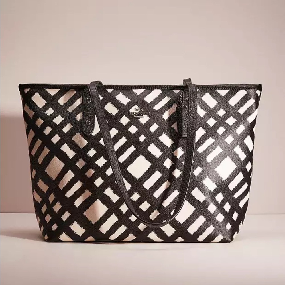 Coach Black and White Plaid Mini City Zip Tote Bag